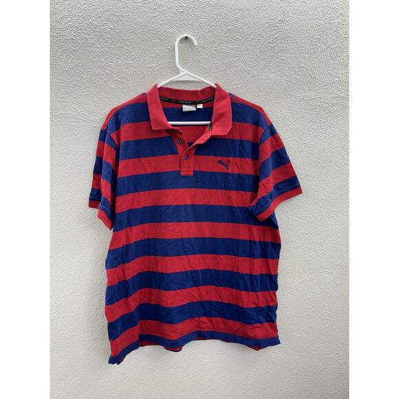 Puma Mens Polo Shirt Size XL Blue Red Striped Short Sleeve Collared - Picture 1 of 14